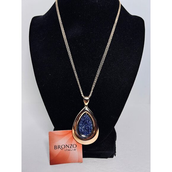 Bronzo Italia Jewelry - Bronzo Italia Rose Gold Tone Necklace With Blue Druzy Teardrop Pendant (6290)